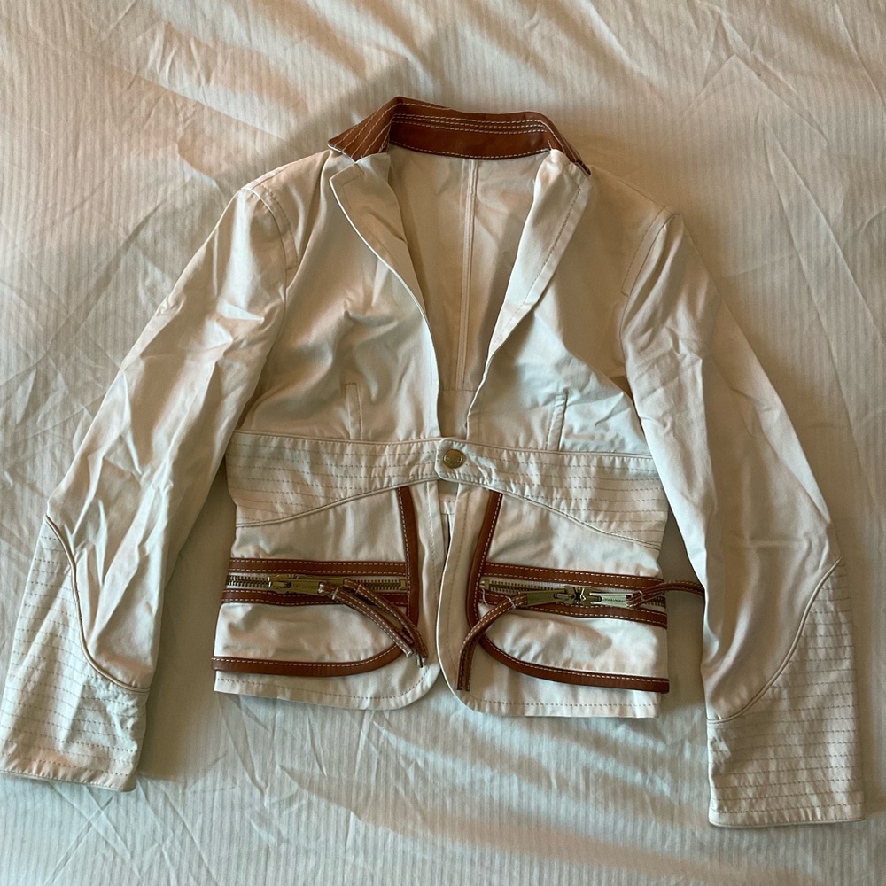 DSQUARED2 Cream Blazer Jacket with Brown  Leather Collar and Trim
